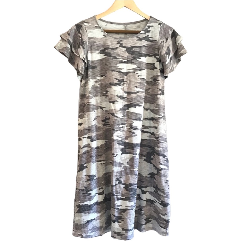NEW Isabel Maternity Gray Camo Flutter Short Sleeve Midi Dress XS